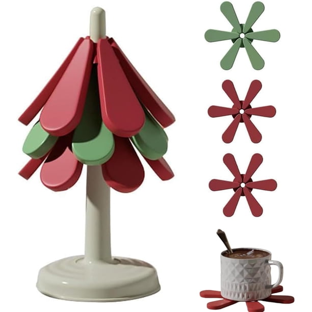 Posavasos con forma de árbol de Navidad, juego de salvamanteles con 3 agarraderas resistentes al calor, posavasos plegables antideslizantes, decoración navideña para el hogar, protección de mesa para