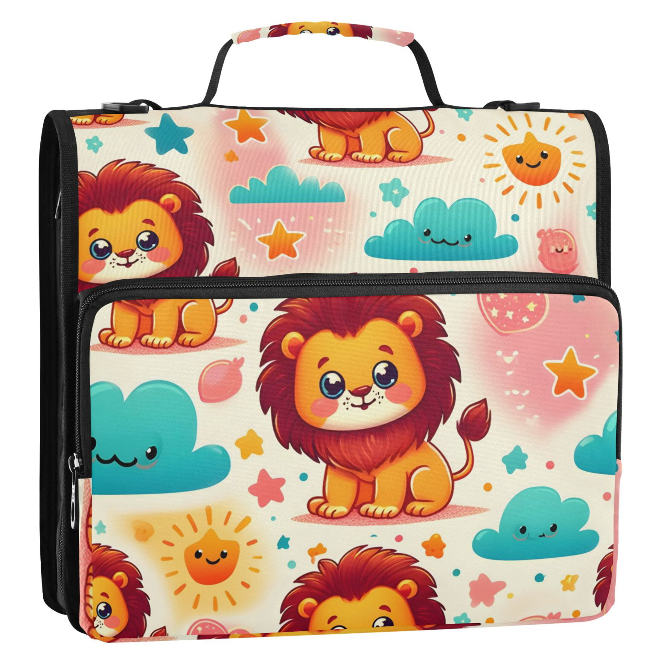 3 Ring Zipper Binder with Shoulder Strap Waterproof Trapper Keeper 2 Inch D-Ring 500 Sheets Capacity Cute Lion Sun Cloud