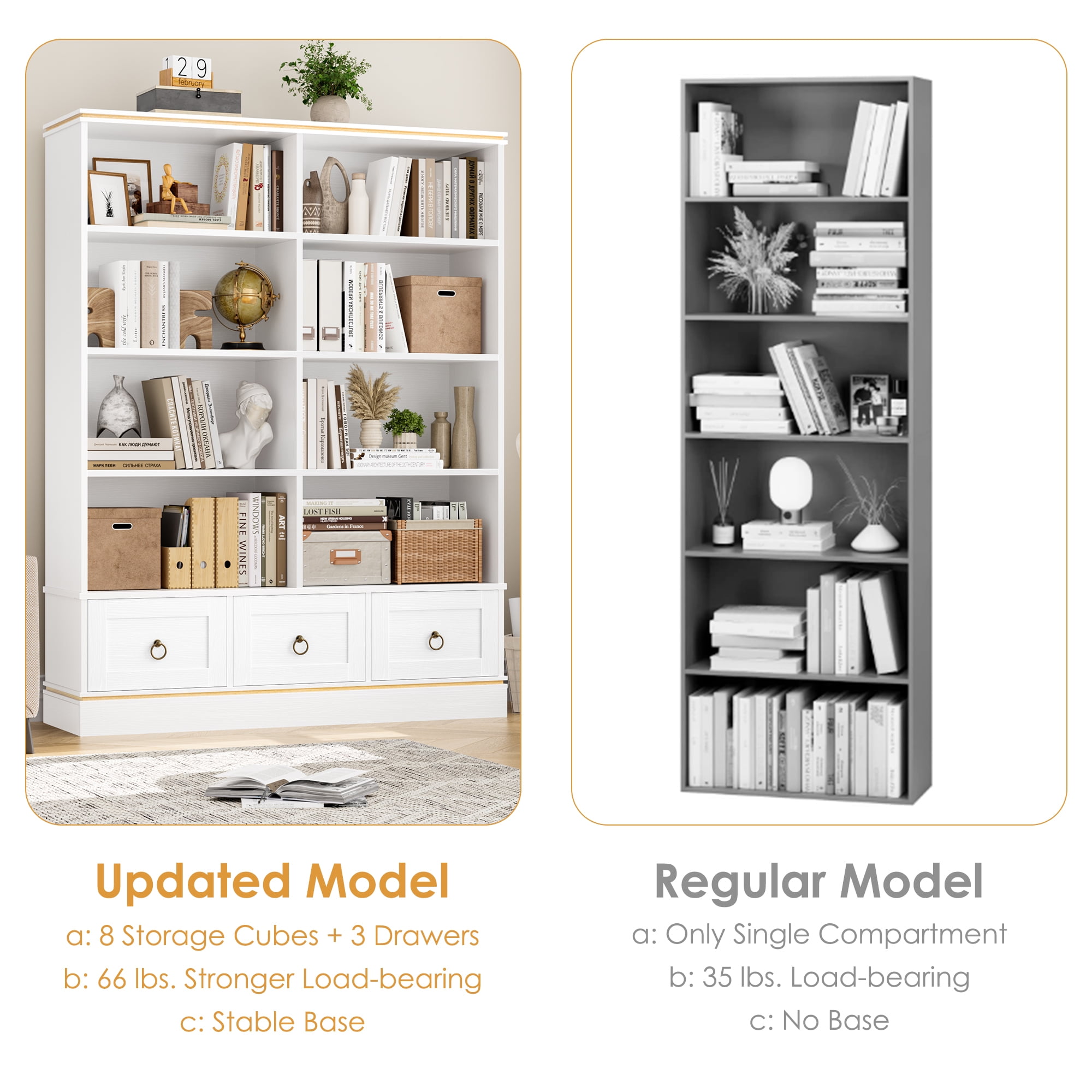Homfa Tall Bookshelf with Drawers, Double Row 8 Cube 47'' Wide Bookcase for Living Room Office Small Space, White