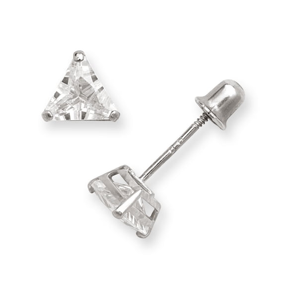 14k White Gold Cubic Zirconia CZ Trilliant (triangle) Screw Back Stud Earrings (White Gold)-Stud Earring for Women