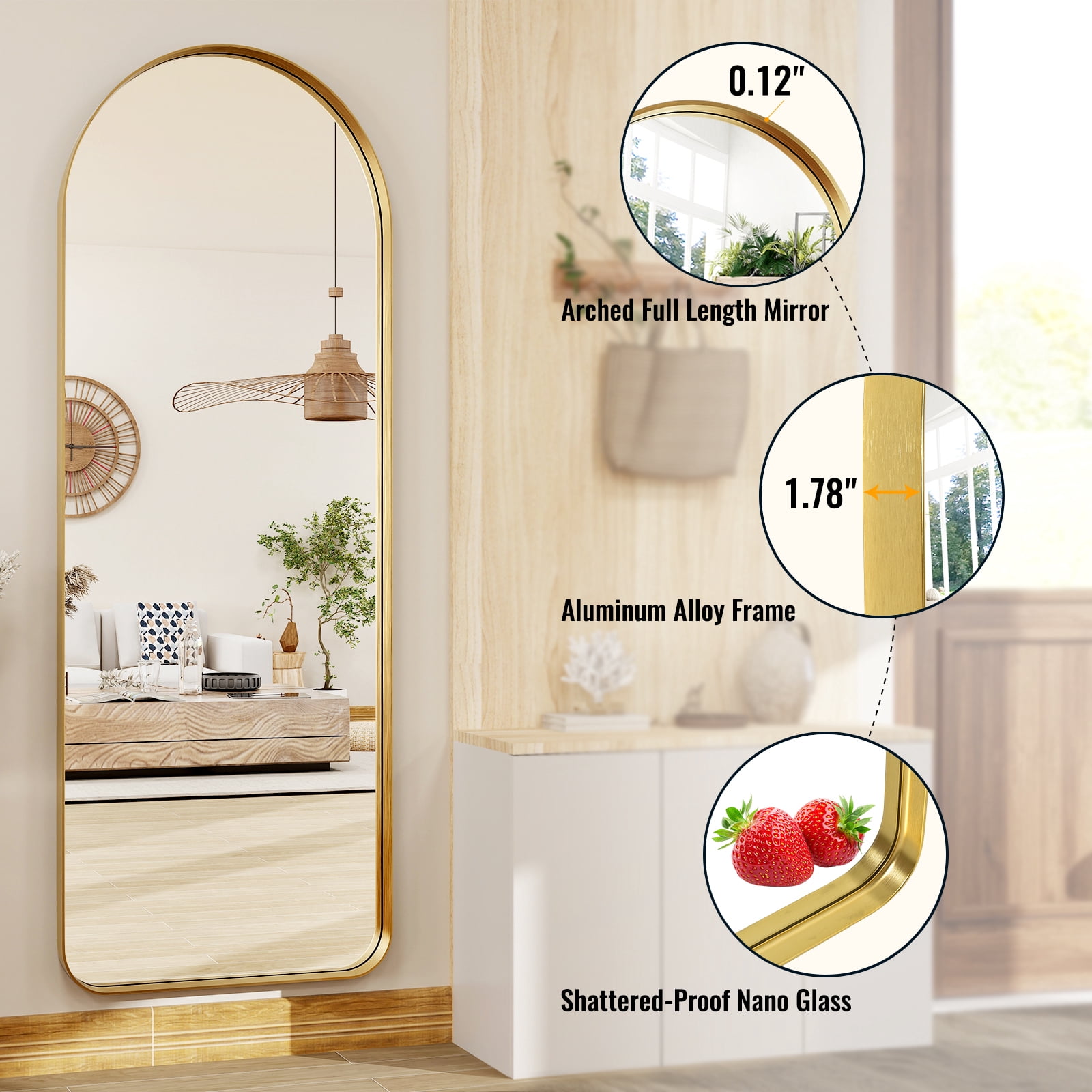 Anyrose 64"x21" Arched Full Length Mirror Wall Mirror With Deep Frame Wall-Mounted, Gold