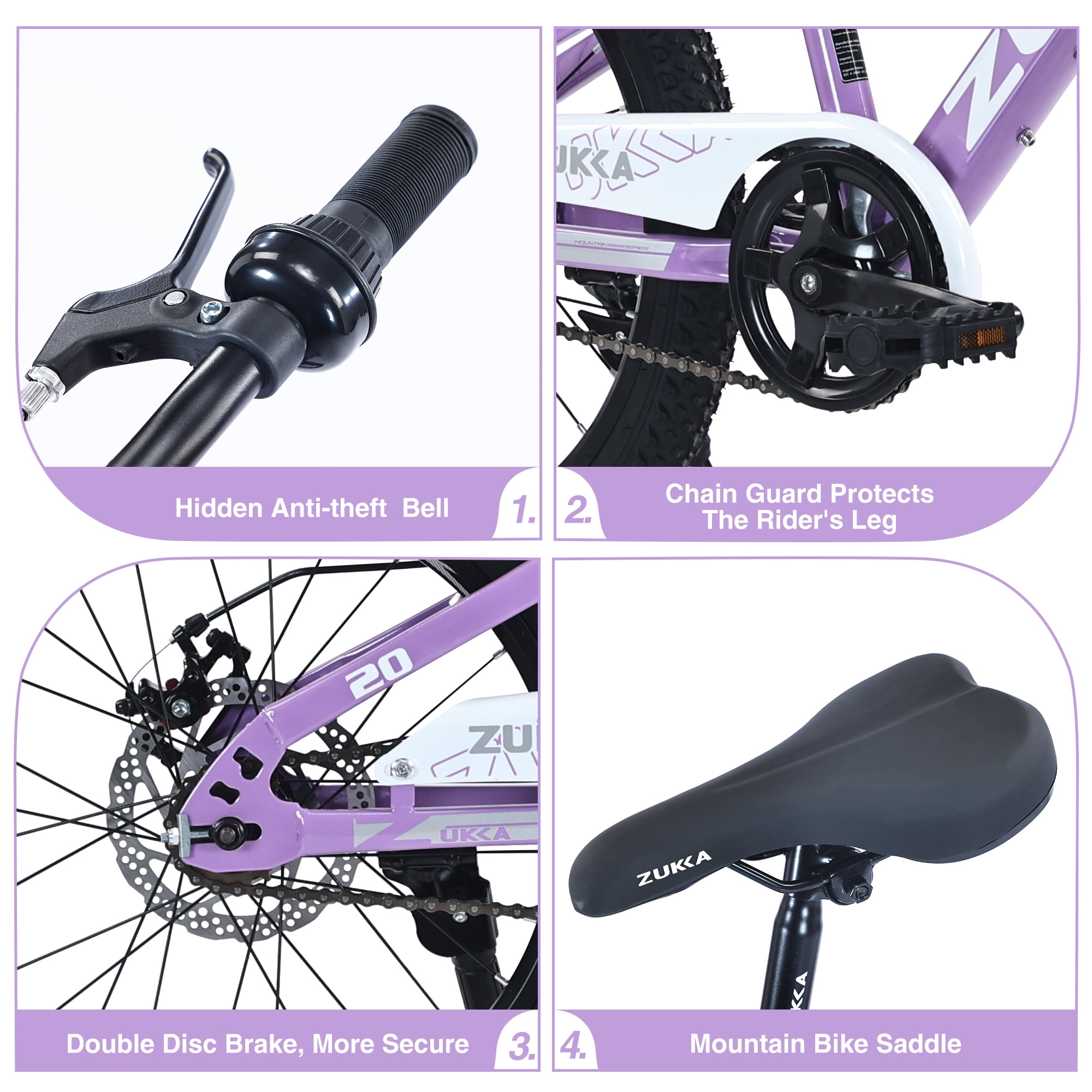 ZUKKA 20 Inch Mountain Bike for Boys and Girls Ages 7-10, Single Speed Kids Bike with Dual Disc Brakes and Suspension Fork, Adjustable Seat Children Bicycle for All-Terrain Riding, Purple