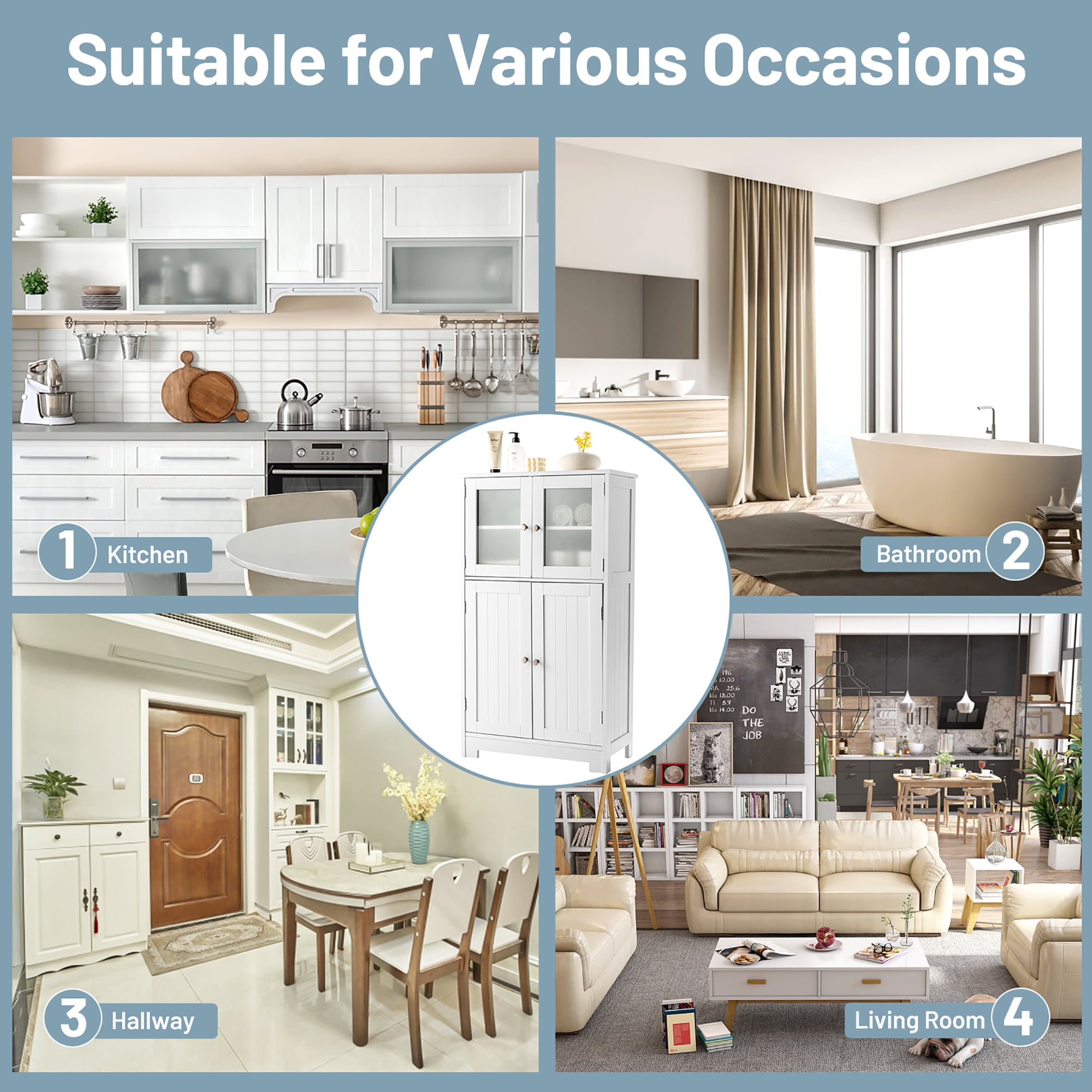 Costway Bathroom Floor Storage Cabinet Kitchen Cupboard w/Doors&Adjustable Shelf White