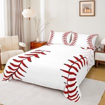 Castle Fairy Teens Baseball Gamer Full Size Sheets 4-Piece,Sport Theme Breathable Bed Sheets,Red White Lightweight Sheet Sets,Luxury Bedroom Decor