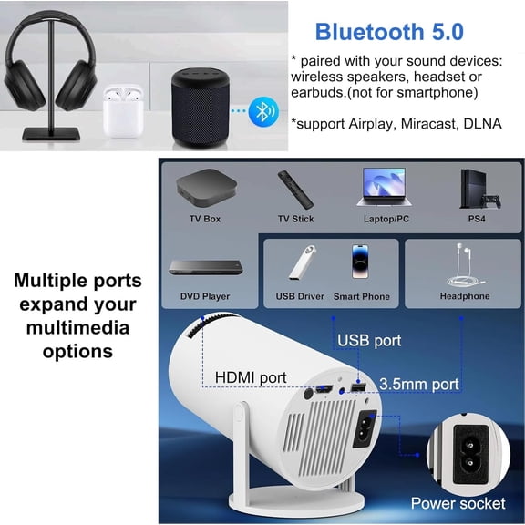 Projector with WiFi , HY300 pro 4K Decoding Android Auto  Portable Outdoor Home Movie Video Projector Compatible with Phone Laptop  TV