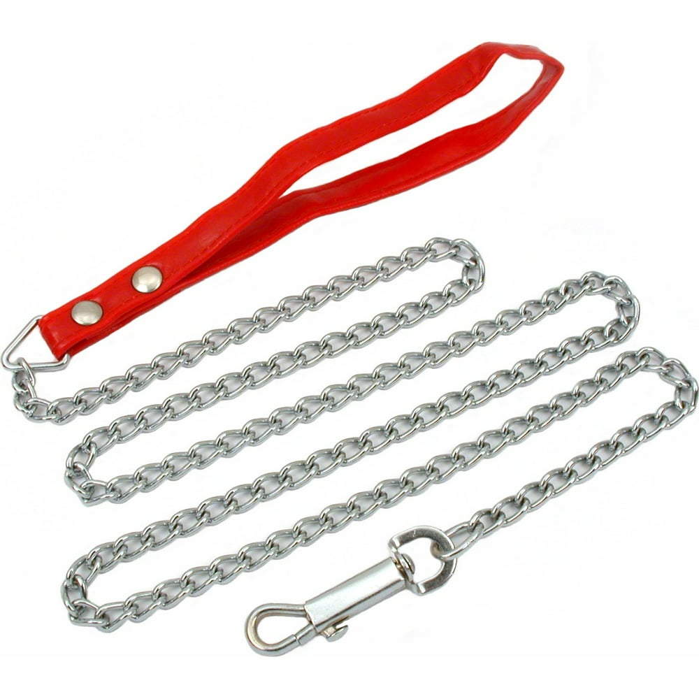 4' Chain Link Dog Leash Leather Handle Pet Walking Tool