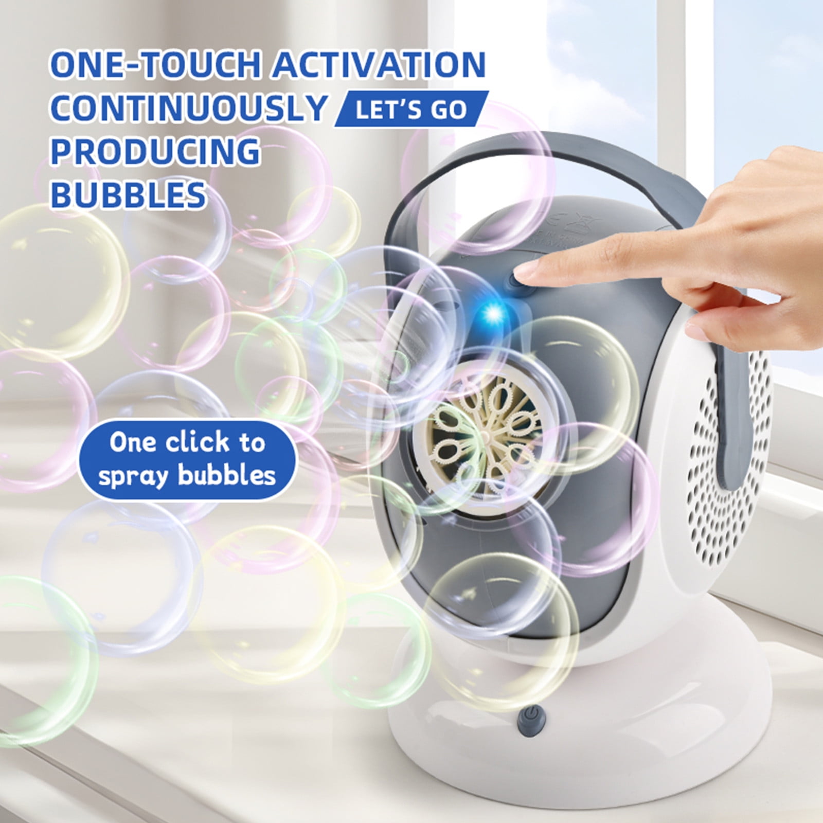 Automatic Rotating Bubble Blower, Multi Hole LED Light Bubble Machine with 360 Degree Rotation and Bubble Solution for Party Festival Outdoor Events (Gray White)