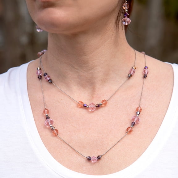 Sparkly Crystal Station Necklace - Pink and Blue Multi-Way Long Chain Jewelry Necklace Silver