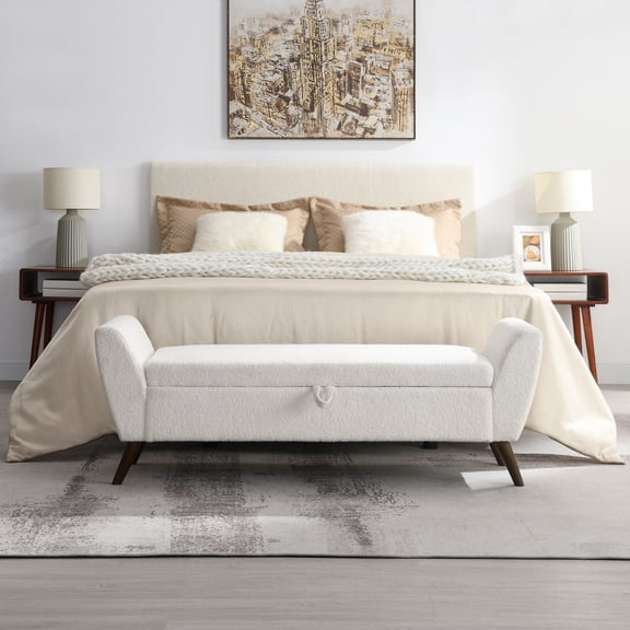 60'' Modern Storage Bench with Mid-Centruy Wood Legs,Bench with Storage for Living Room & Bedroom,Comfort Padded - Teddy Cream