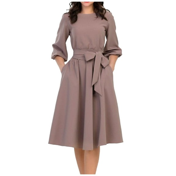 Lindreshi Fall Dresses for Women Homecoming Dresses Fashion Women's Casual Long Sleeve Round-Neck Slim Dress Solid Classic Dress
