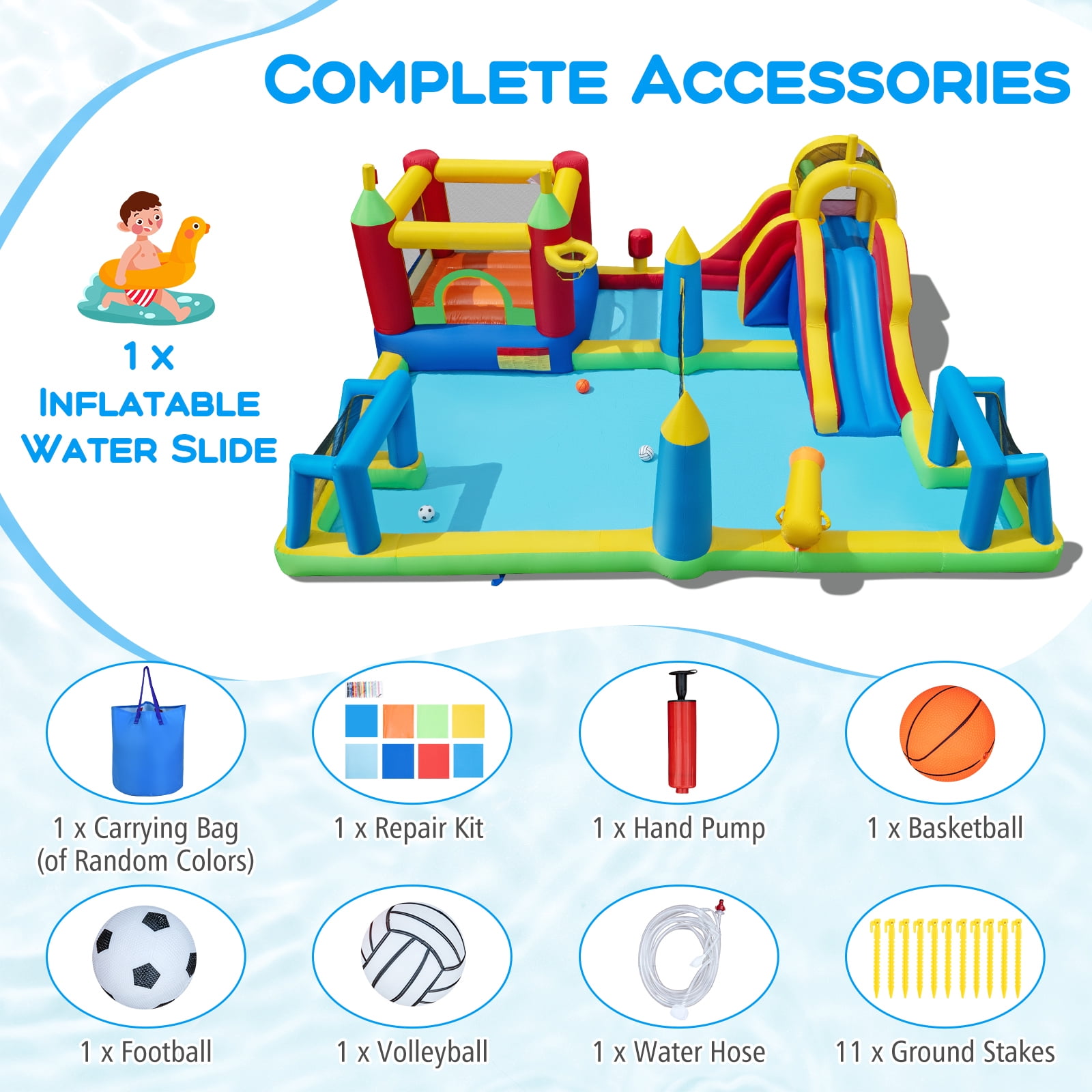 Patiojoy Inflatable Water Slide Park 9-in-1 Giant Bounce House w/ Jumping Area Splash Pool without Blower