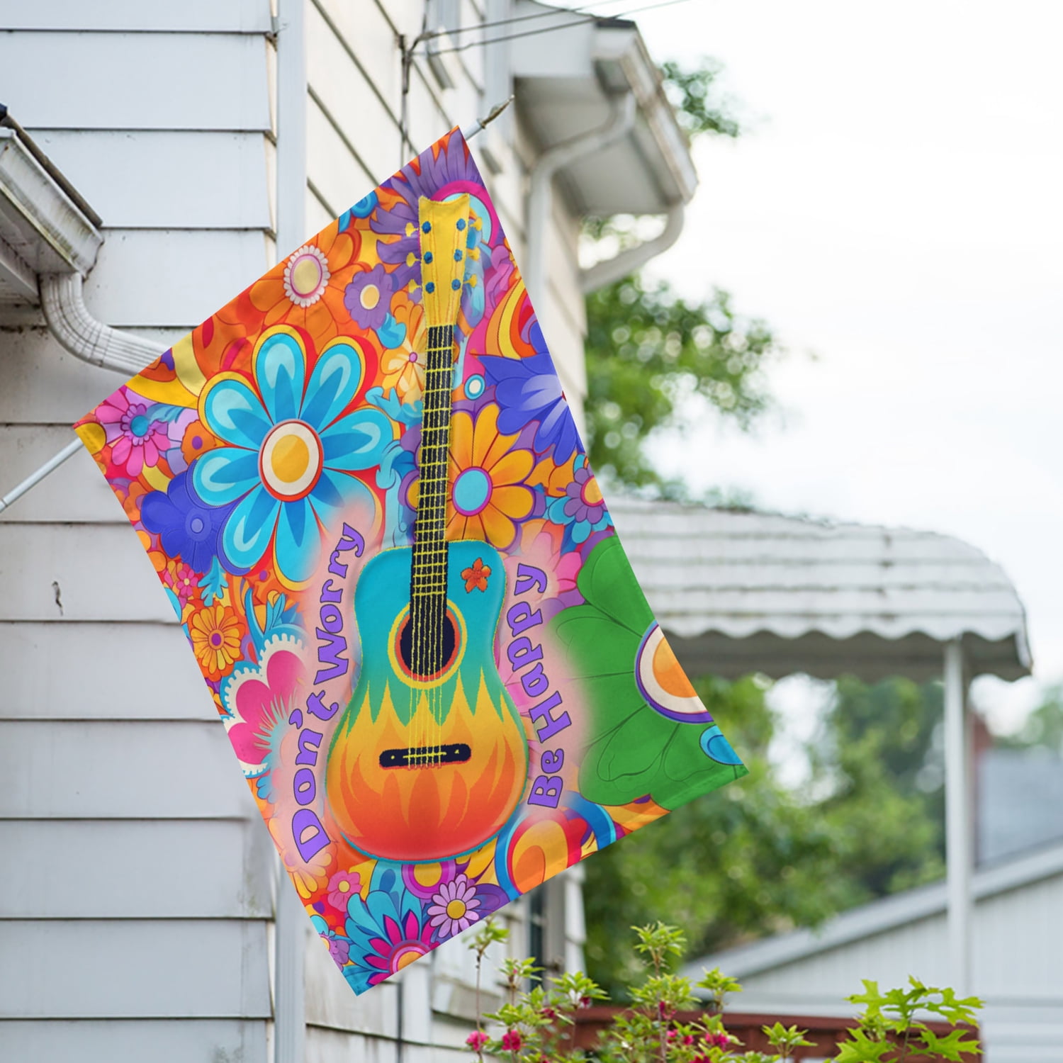 America Forever Don't Worry Be Happy House Flag 28 x 40 inch Double Sided Guitar Music Flowers Hippie Positive Message Outdoor Yard Flag