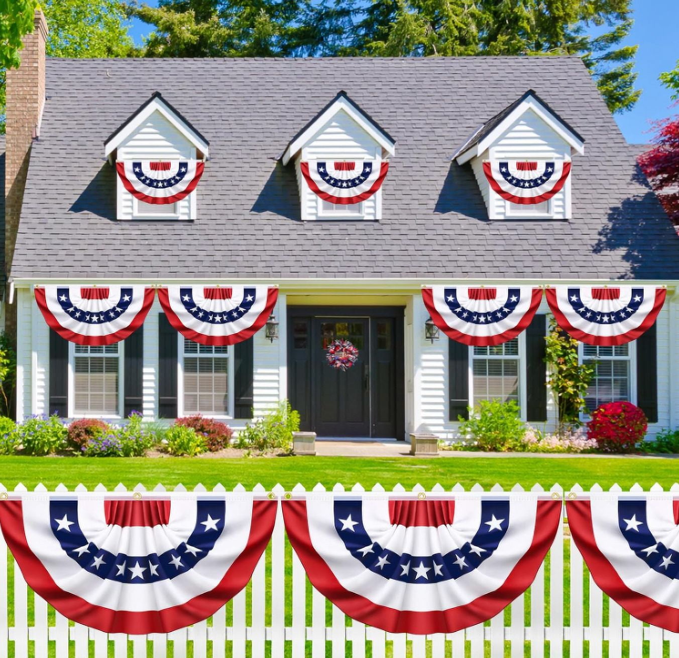 RuWeoMaa 4th of July Decorations, 1.5x3 FT American Flag Banner, 8PCS USA Pleated Fan Flags,Patriotic Bunting US Half Fan Flag for Fourth of July Independence Day Memorial Day Home Yard Outdoor Decor