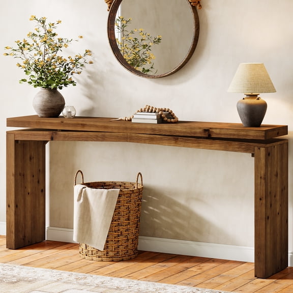 Finmind 63-Inch Solid Wood Console Table for Entryway, Rustic Wooden Sofa Table Behind Couch, Brown