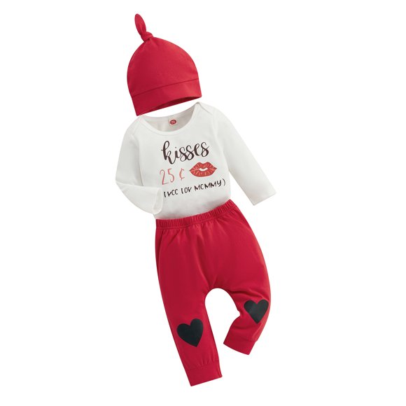 Sylvamorning 3M 6M 9M 12M Infant Boys Valentine's Day Sets Baby Boy Long Sleeve Letter Print Romper + Elastic Waist Pants + Hats 3Pcs Outfits Newborn Casual Daily Clothes
