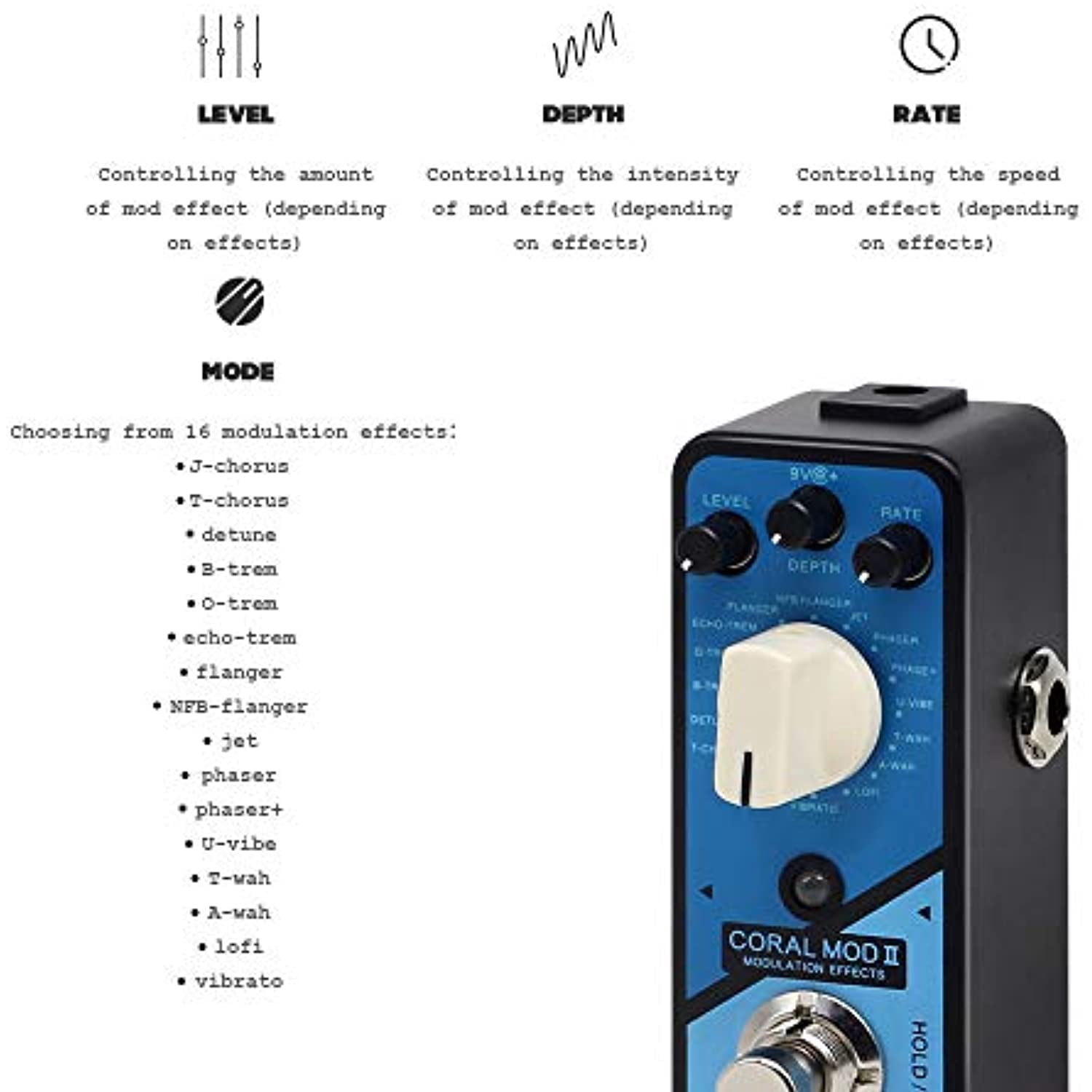 Valeton Coral Mod II Digital Modulation Chorus Flanger Phaser Univibe Tremolo Lofi Multi Effects Guitar Bass Pedal