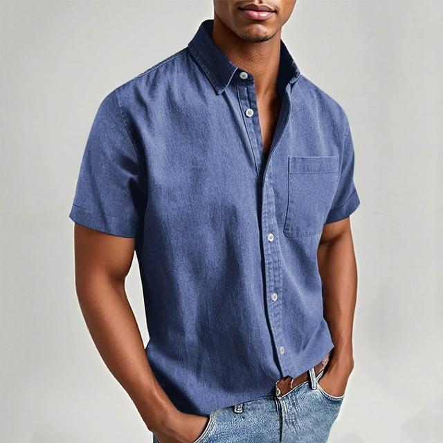 Chemise Décontractée à Manches Courtes pour Hommes avec Poche, Col Rabattu, Mélange de Polyester pour le Printemps et l'Été