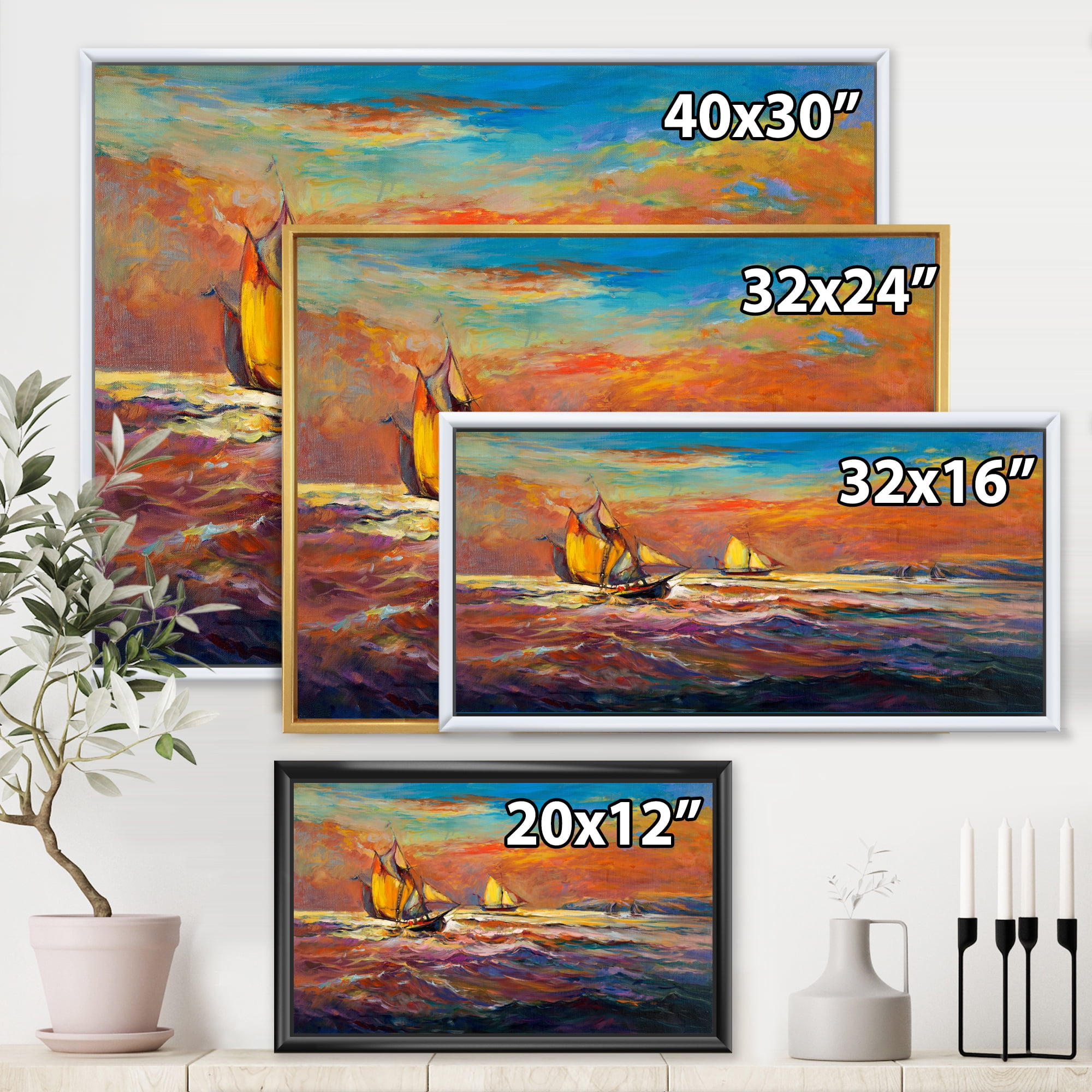 Sailships On The Ocean Waves During Orange Evening Glow 32 in x 16 in Framed Painting Canvas Art Print, by Designart