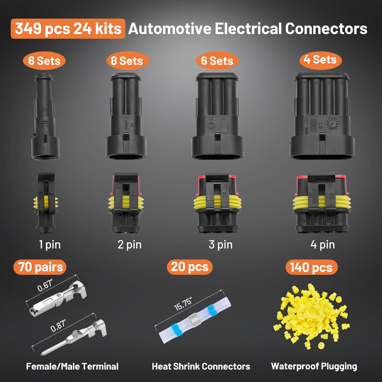 Filluck 349PCS Waterproof Wire Connectors, 24 Sets 1/2/3/4 Pin Car Electrical Terminal Connectors Kit with 22-16 AWG Wire Crimping Tool for Car Truck Motorcycle Boat Marine
