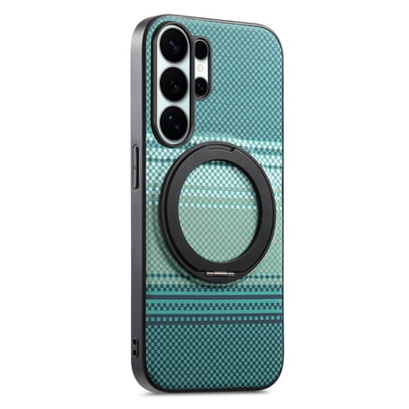 Magnetic For Samsung Galaxy S26 Phone Case,With 360° Rotatable Ring Kickstand,Anti-Scratch PU Leather Gradient Fiber Pattern Back Design,Shockproof Anti-fall Durable Phone Case,Green