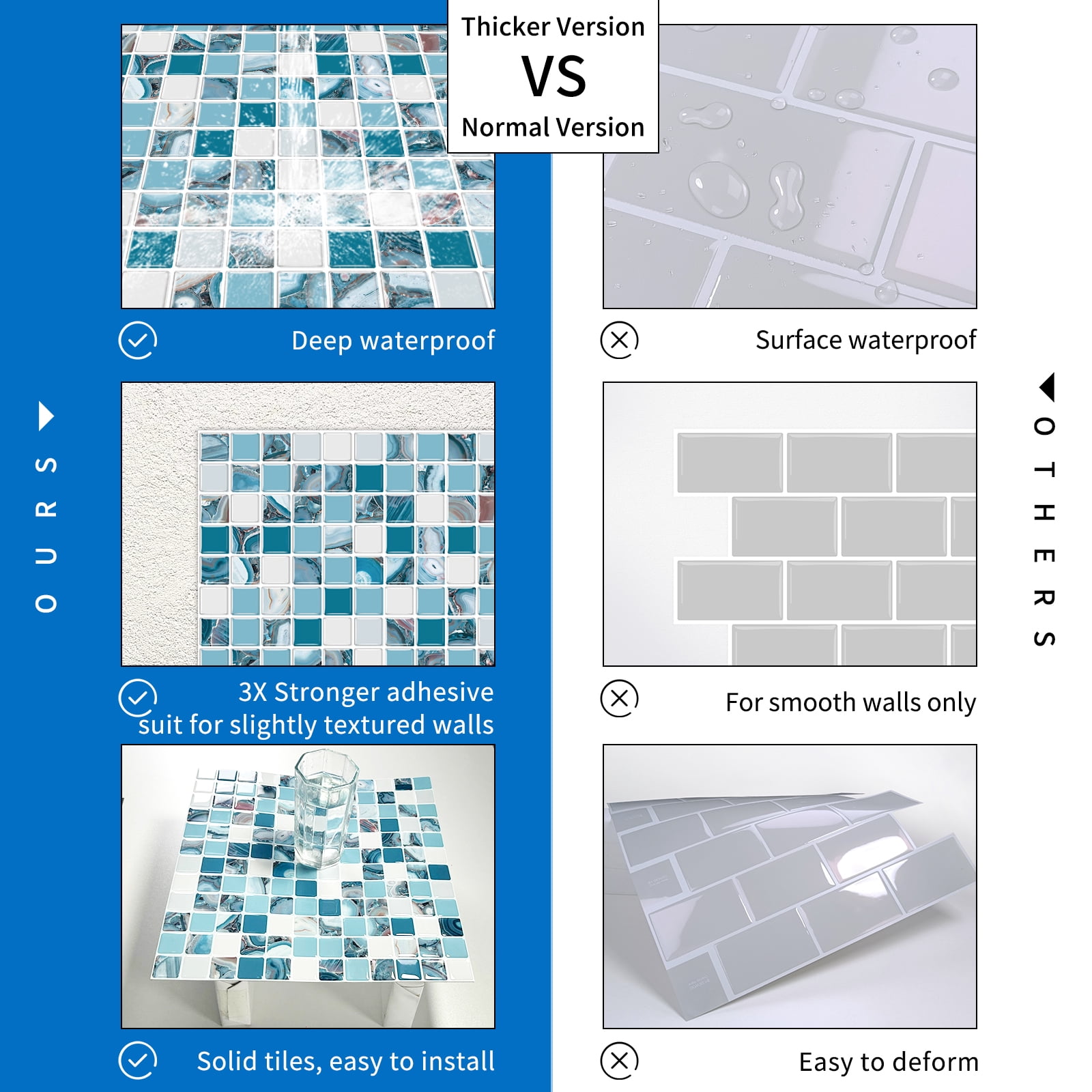 DEWOO 10 Sheet Thicker Mosaic Peel and Stick Backsplash Tile Removable Self Adhesive Wall Tiles for Bathroom Kitchen Counter (12"×12",Blue)