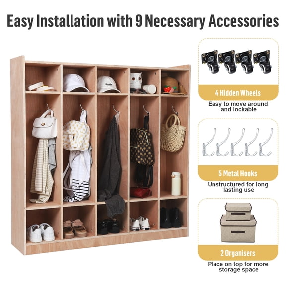 5-Section Classroom Coat Locker, 10 Cubbies for Classrooms, Daycare Cubby with 4 casters, 5 Hooks and 2 Storage Boxes, for Home, School, Kindergarten…