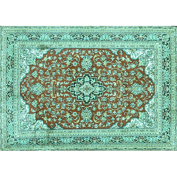 Ahgly Company Machine Washable Indoor Rectangle Medallion Turquoise Blue Traditional Area Rugs, 5' x 7'