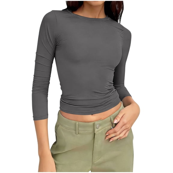 Htigea Womens 3/4 Sleeve T Shirts Stretchy Slim Fit Crop Tops Y2k Solid Color Going Out Base Layer Tee Gray S