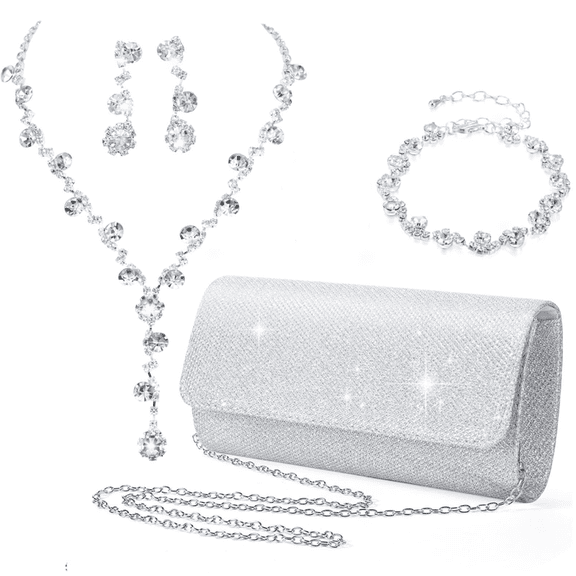 4 Pcs Silver Clutch Purse Jewelry Set for Women Evening Rhinestone Purse Silver Accessories for Women Bride Wedding Jewelry