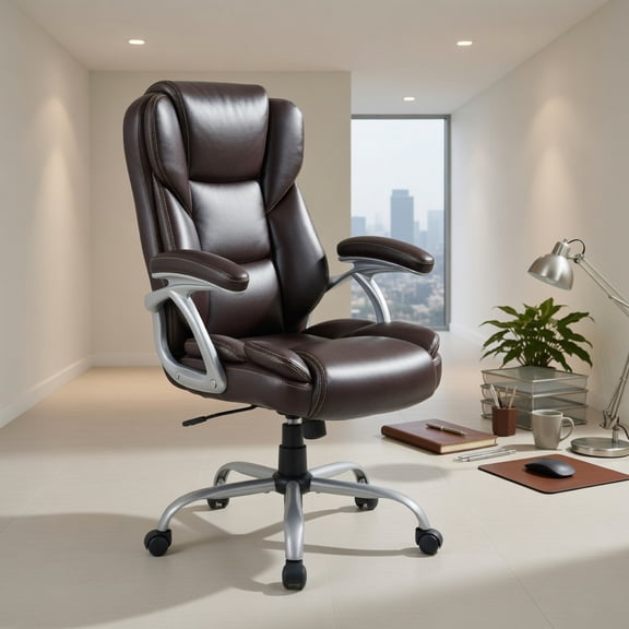 Resenkos Executive Leather Padded Office Chair with Armrests, Ergonomic Swivel Computer Desk Chair for Office, Conference Room, Brown