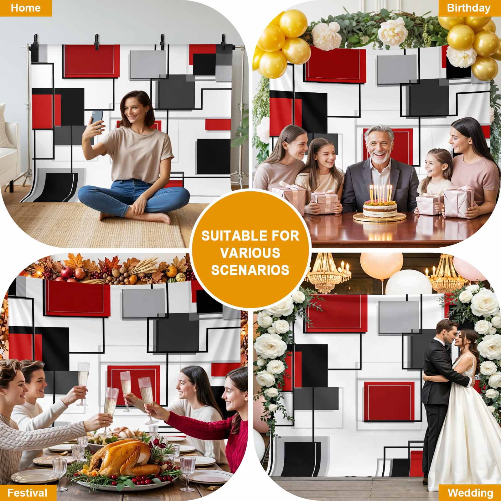 Space Design Sense Backdrop for Photography, Abstract Black Red Stitching Suqare Photo Backdrop Portrait Background Party Banner Photo Backgrounds for Studio Booth Props, 7x5ft