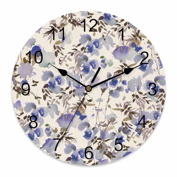 Wall Clock Purple Floral Clocks PVC Silent Non-Ticking Battery Operated Decorative Watercolor Wildflowers Linen Round Clock for Home Living Room Kitchen Bedroom Office School Wall Decor 10 Inch