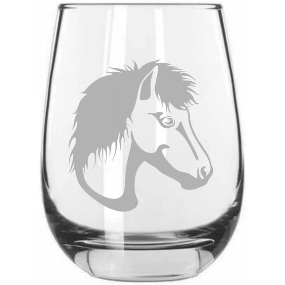 Miniature Face Horse Themed Etched 15.25oz Libbey Stemless Wine Glass