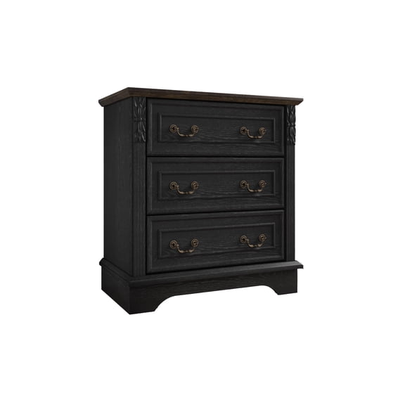 BOSHIRO 3 Drawer Dresser for Bedroom, Farmhouse Carved Storage Chest Organizer with Brown Top, Black
