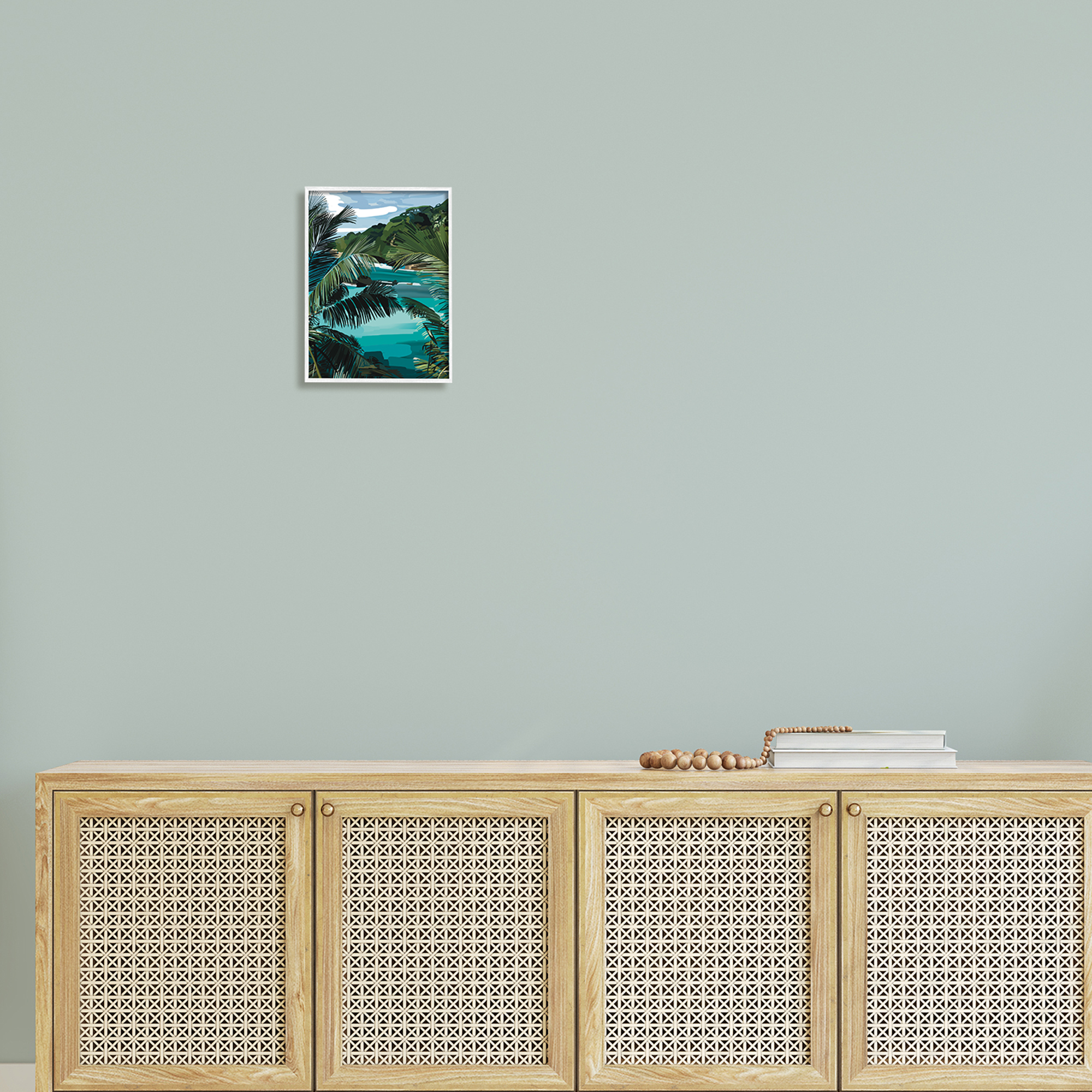 Stupell Industries Tropical Ocean Inlet Lush Palm Tree Hills Graphic Art White Framed Art Print Wall Art, Design by Amelia Noyes