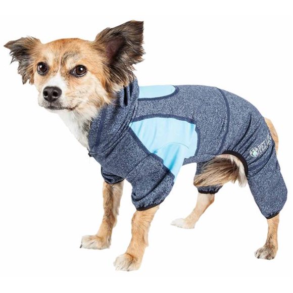 Pet Life YGHL5BLXS Active Fur-Breeze Heathered Performance 4-Way Stretch Two-Toned Full Bodied Hoodie - Blue, Extra Small