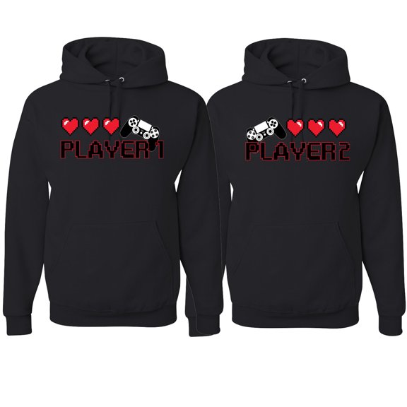 Wild Bobby, Gamer Player 1 Player 2 His and Hers Matching Couples Hoodies, Black, Mens S-Womens S