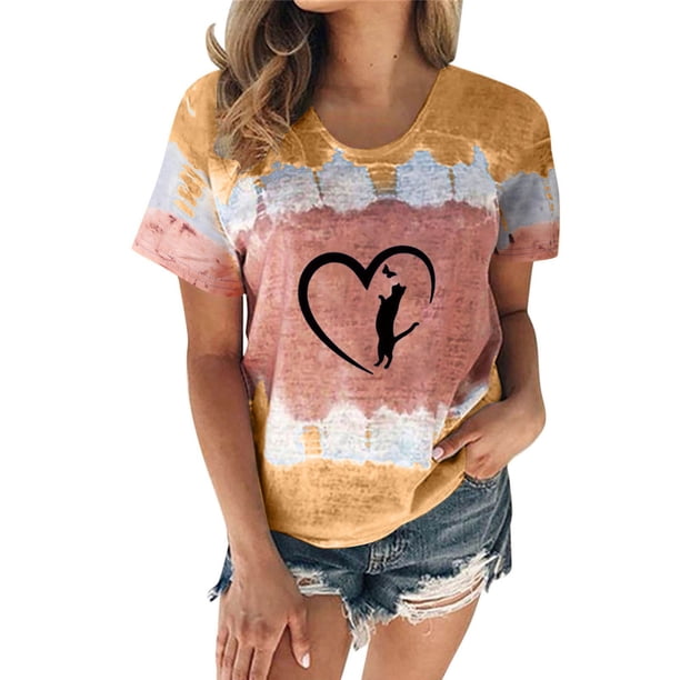 Mujeres Casual Cuello Redondo Manga Corta Estampado Jersey Blusa Camiseta Tops Sueltos OAVQHLG3B Store lin121212