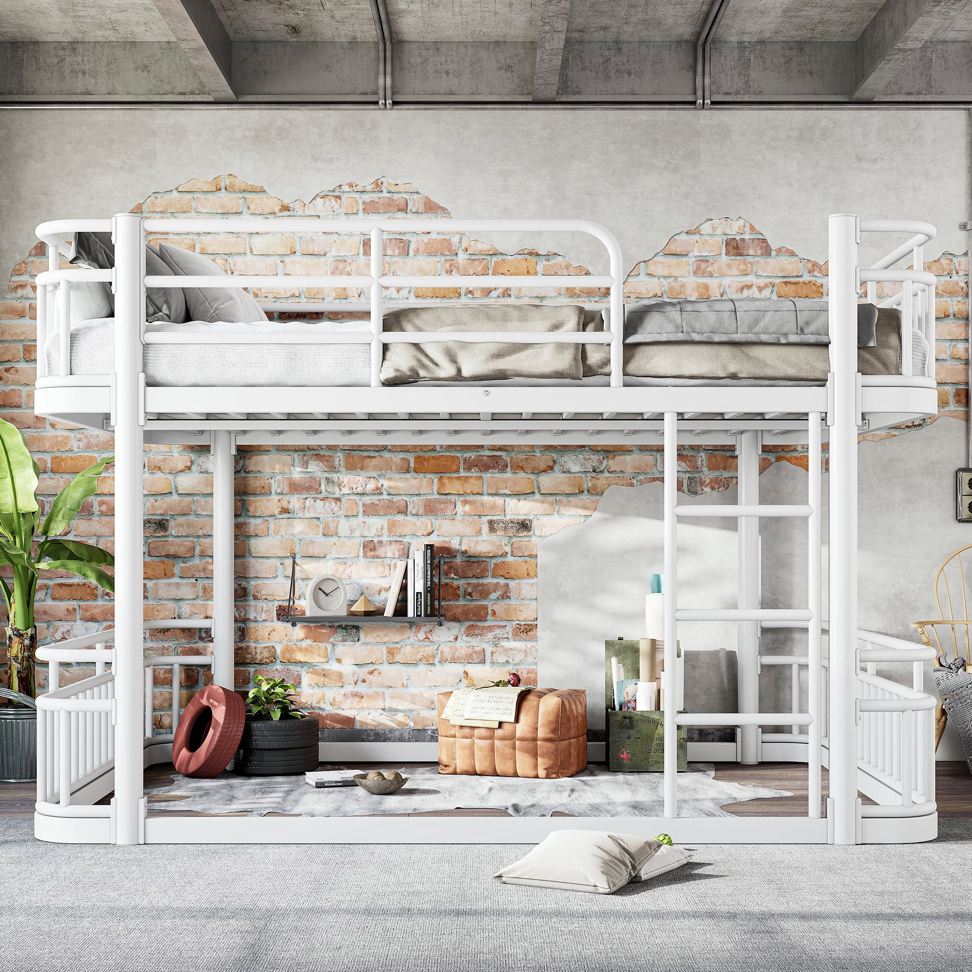 Leumius Queen over Queen Bunk Bed Frame with Ladders & Guardrails, Upgraded Round-Pipe Metal Frame, Stylish & Versatile for Any Room,White
