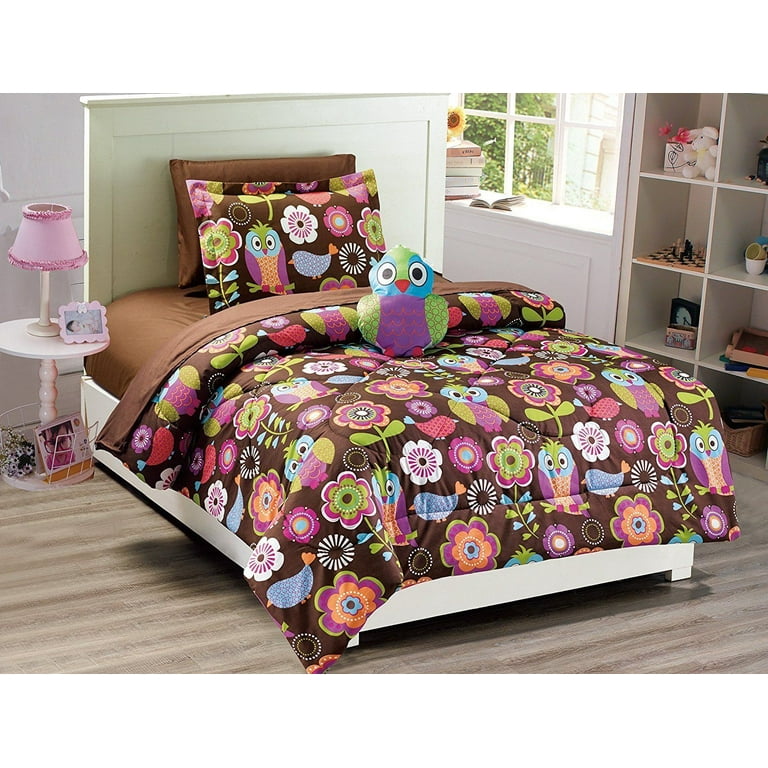 Fancy Linen Owl Brown Purple Pink 6pc Twin Comforter Set with