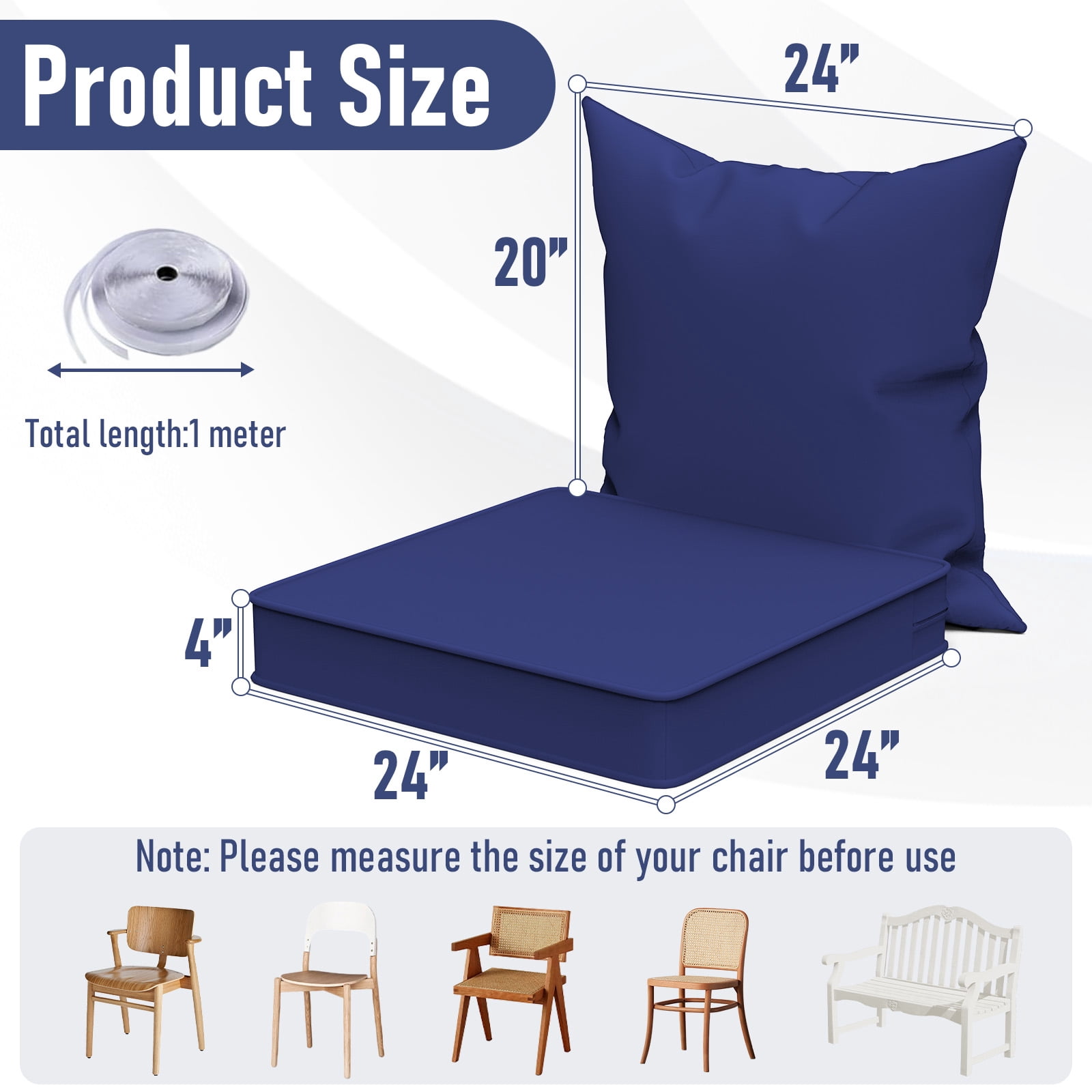 Yacona Outdoor Chair Cushions Set, 24x24in Patio Furniture Cushions with Handle, for Patio Furniture Chair Sofa, Blue