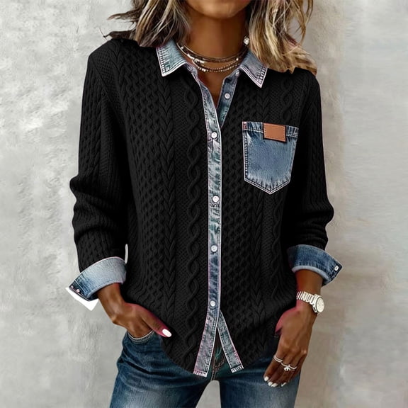 Women's Denim Patchwork Button Up Cardigan, Lapel Collar Long Sleeve Knit Sweater for Fashion Casual Outfits, Versatile Layering Piece for Spring and Autumn, Stylish Open Front Jacket Black L