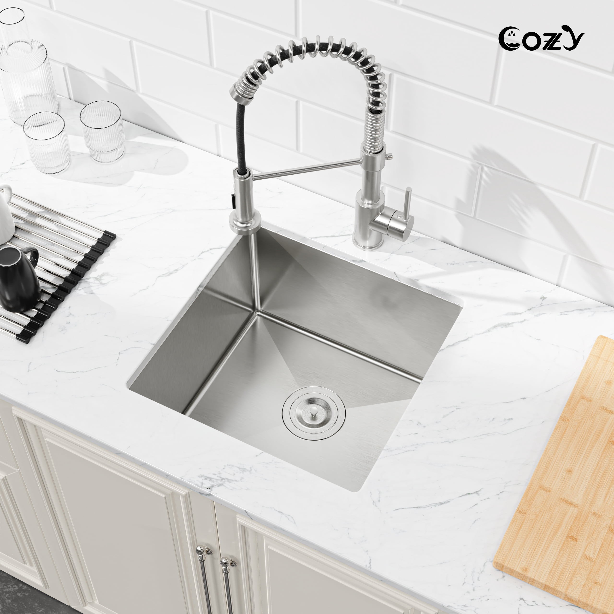 COZY 18″x18″ Stainless Steel Kitchen Sink, Single Bowl, Undermount Handmade Sink in Brushed Nickel, with US Standard Drain and Hook, SS-BR04D-181808
