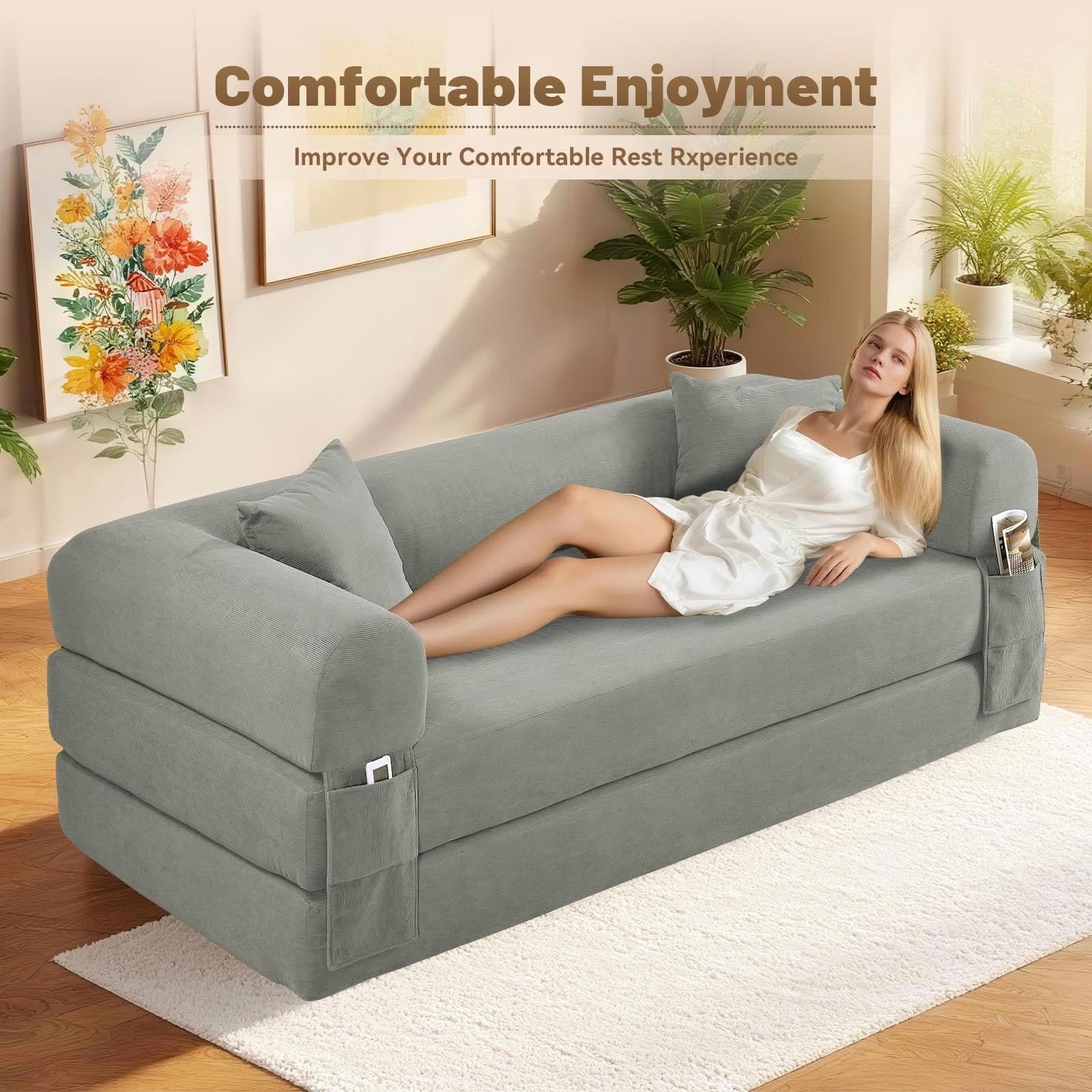 MAYEERTY 80" Light Gray Corduroy Convertible Sofa Bed, 600lbs Queen Size Fold Out Sleeper Couch with Storage & No Assembly for Living Room