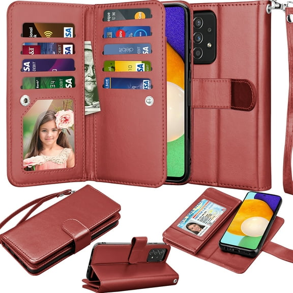 Galaxy A52 5G Wallet Case, Takfox PU Leather ID Credit Card Holder Slots Folio Flip Magnetic Detachable Hard Phone Case[Kickstand]& Lanyard for Samsung A52 5G-Wine Red