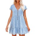 thumbnail image 1 of Prolriy Robes Printemps Été pour Femmes 2025 Robes d'Été à Manches Courtes à Fleurs Col en V Boutonnée Robes Courtes pour Femmes, Robes pour Femmes Bleu TTG, 1 of 6