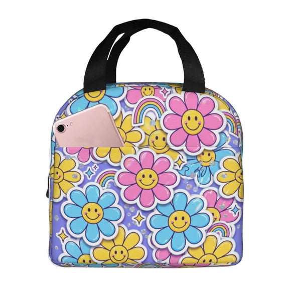 Flower Insulated Lunch Bag ,Reusable Lunch Box,Bento Lunch Box Cooler Bag With Front Pocket For Women Men,Cute Lunch Tote Bag Lunchbox For Work/Office/Travel/Picnic