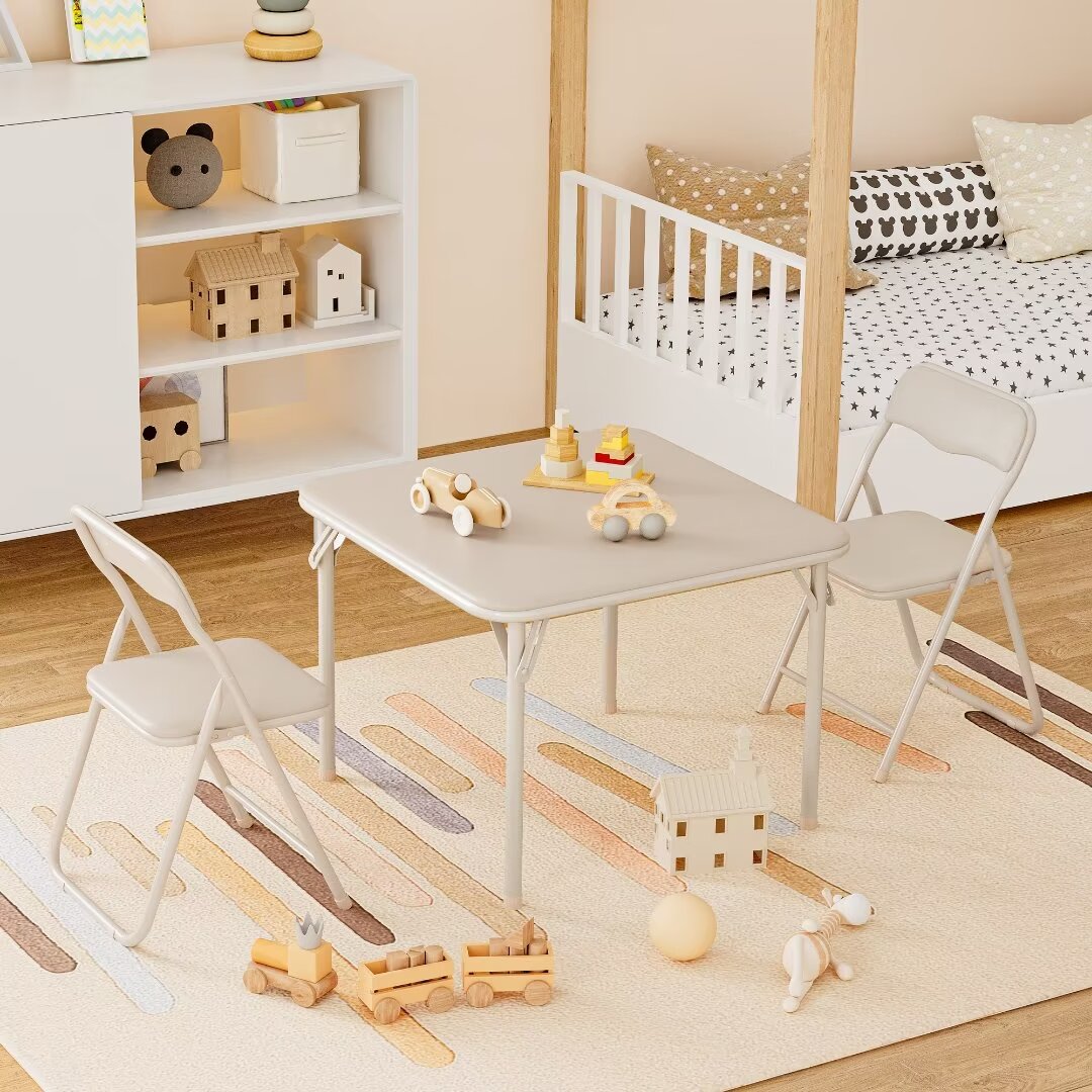 Kids Folding Table and Chairs Set of 3, Portable Table and Chair with PU Cushion, Suitable for Reading Playing Eating, Beige
