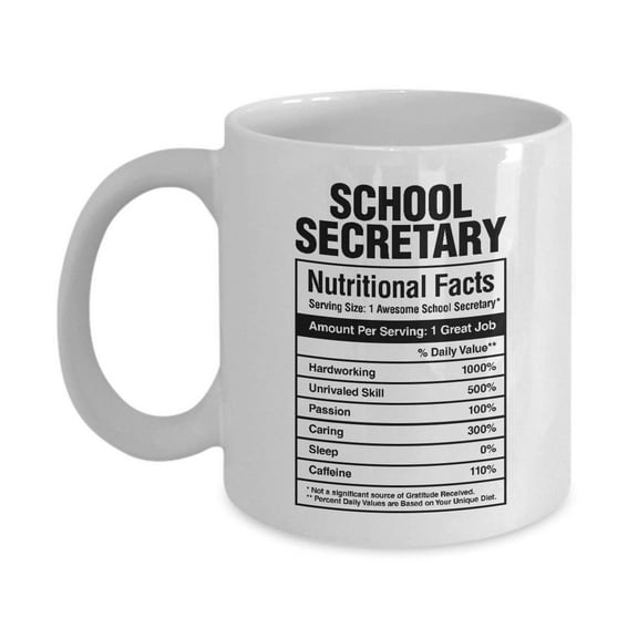 School Secretary Nutritional Facts Coffee & Tea Gift Mug, Secretarial Appreciation Gifts for Administrative Assistant and Office Secretaries