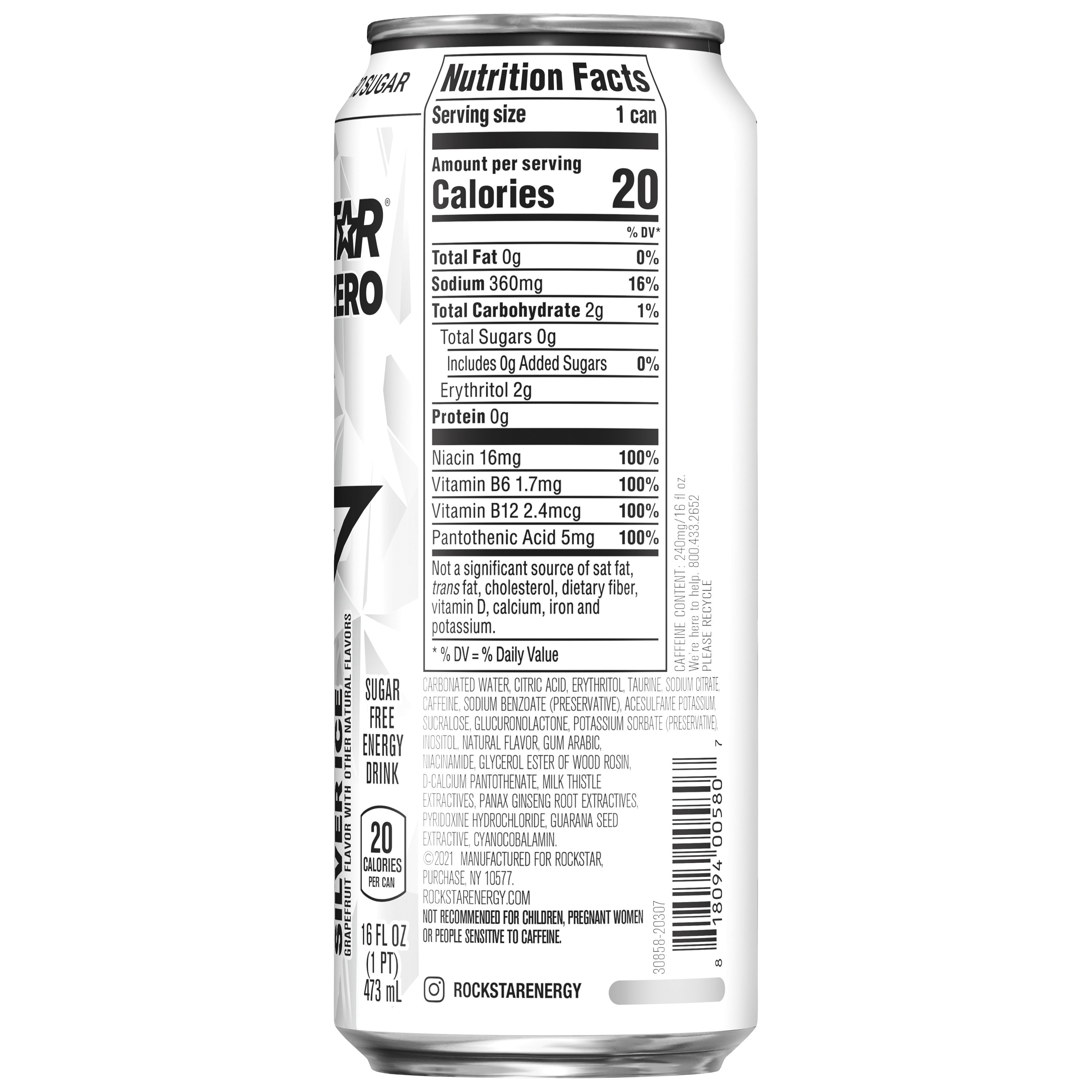 (6 pack) Rockstar Pure Zero Silver Ice Flavored Energy Drink, 16 fl oz